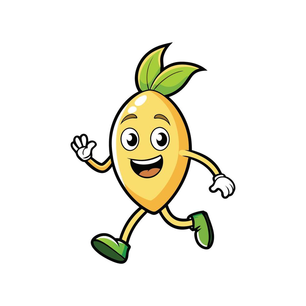 Happy cartoon lemon character running and waving hello icon vector