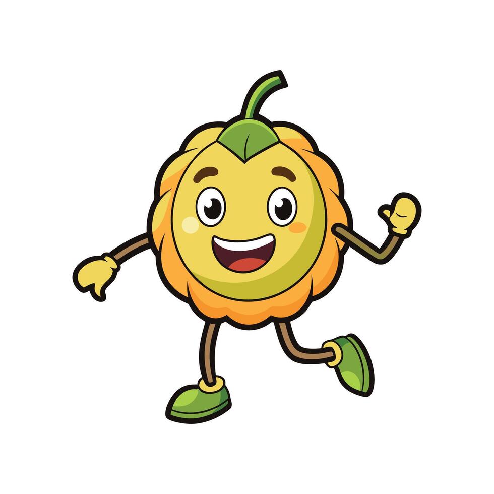 Cheerful cartoon squash character happily walking or dancing along vector