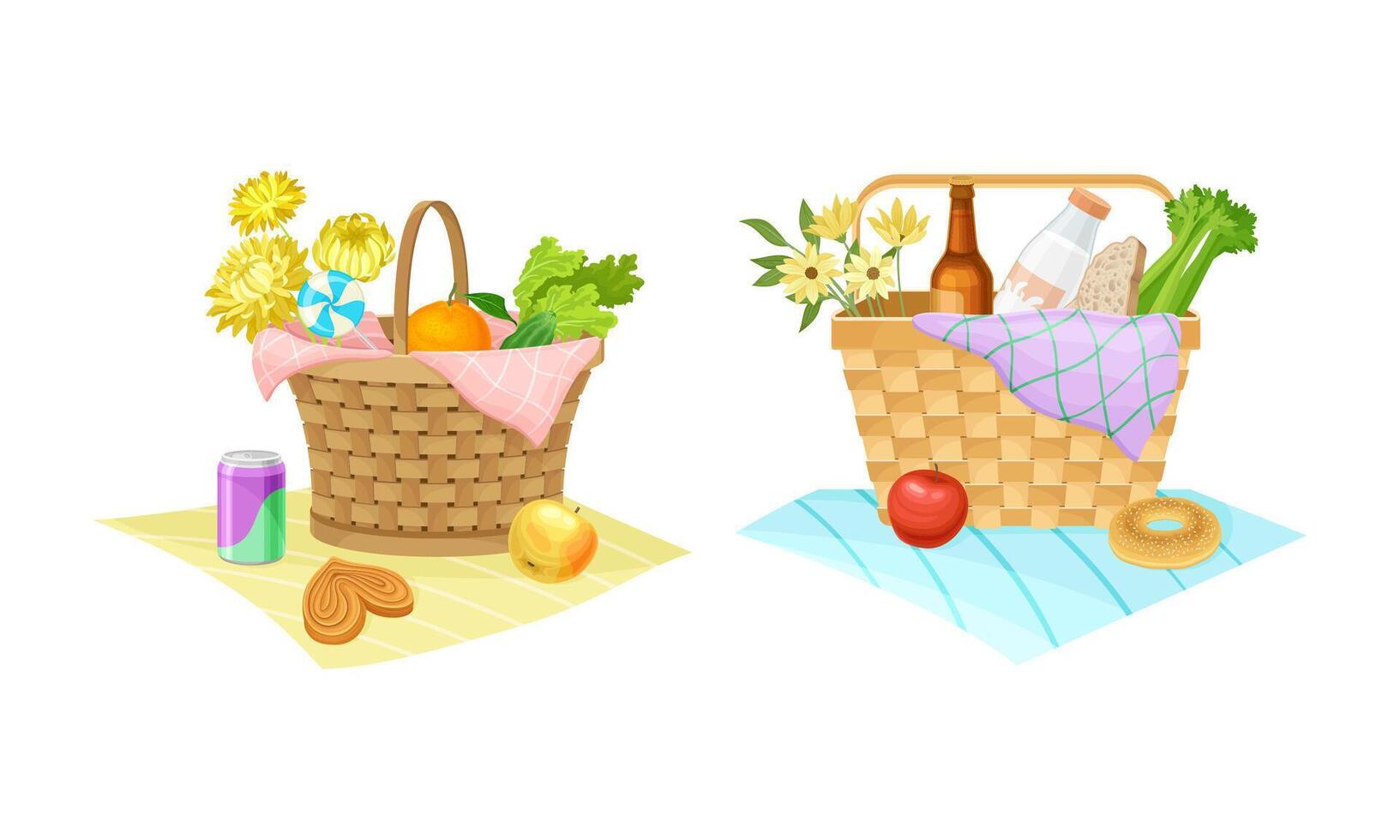 Picnic baskets full of food and drinks set. Wicker hampers with fruit, vegetable, drinks and bouquets of flowers cartoon illustration vector