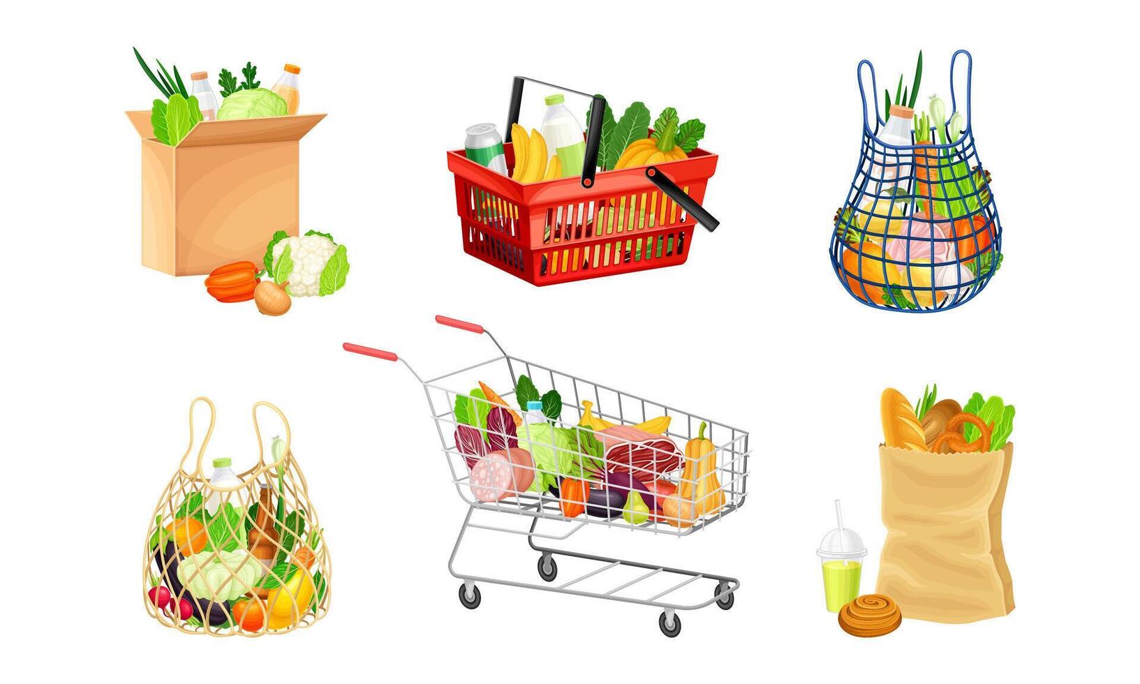 Shopping bags and baskets with grocery products set. Natural food, organic fruits and vegetable illustration vector