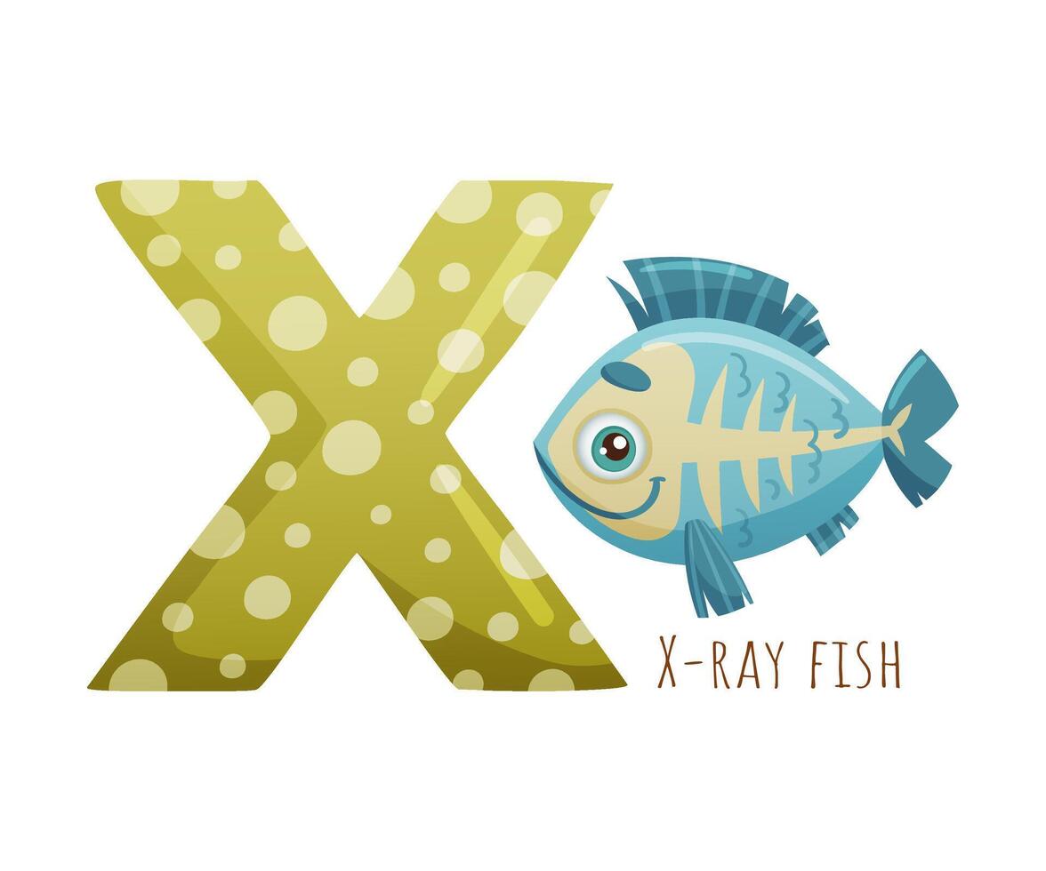 X letter and cute X-ray fish baby animal. Zoo alphabet for children education, home or kindergarten decor cartoon illustration vector