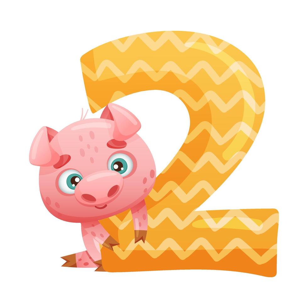 2 number and cute pig baby animal. Educational numbers for children, home or kindergarten decor cartoon illustration vector