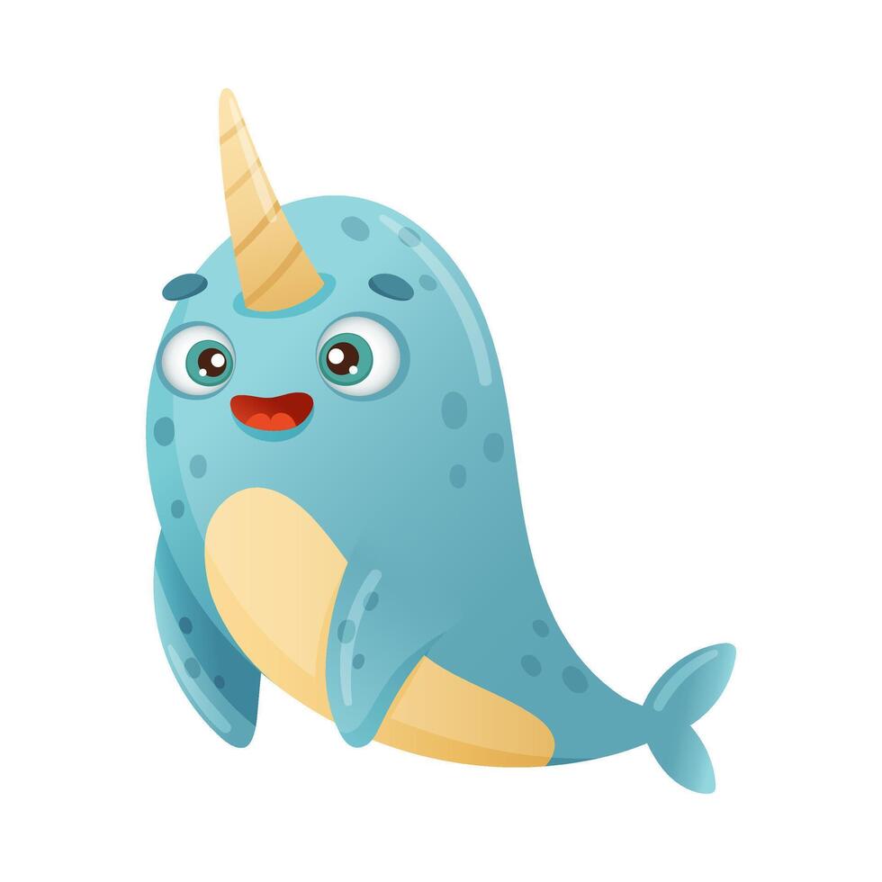 Cute adorable smiling narwhal sea creature cartoon illustration on white background vector