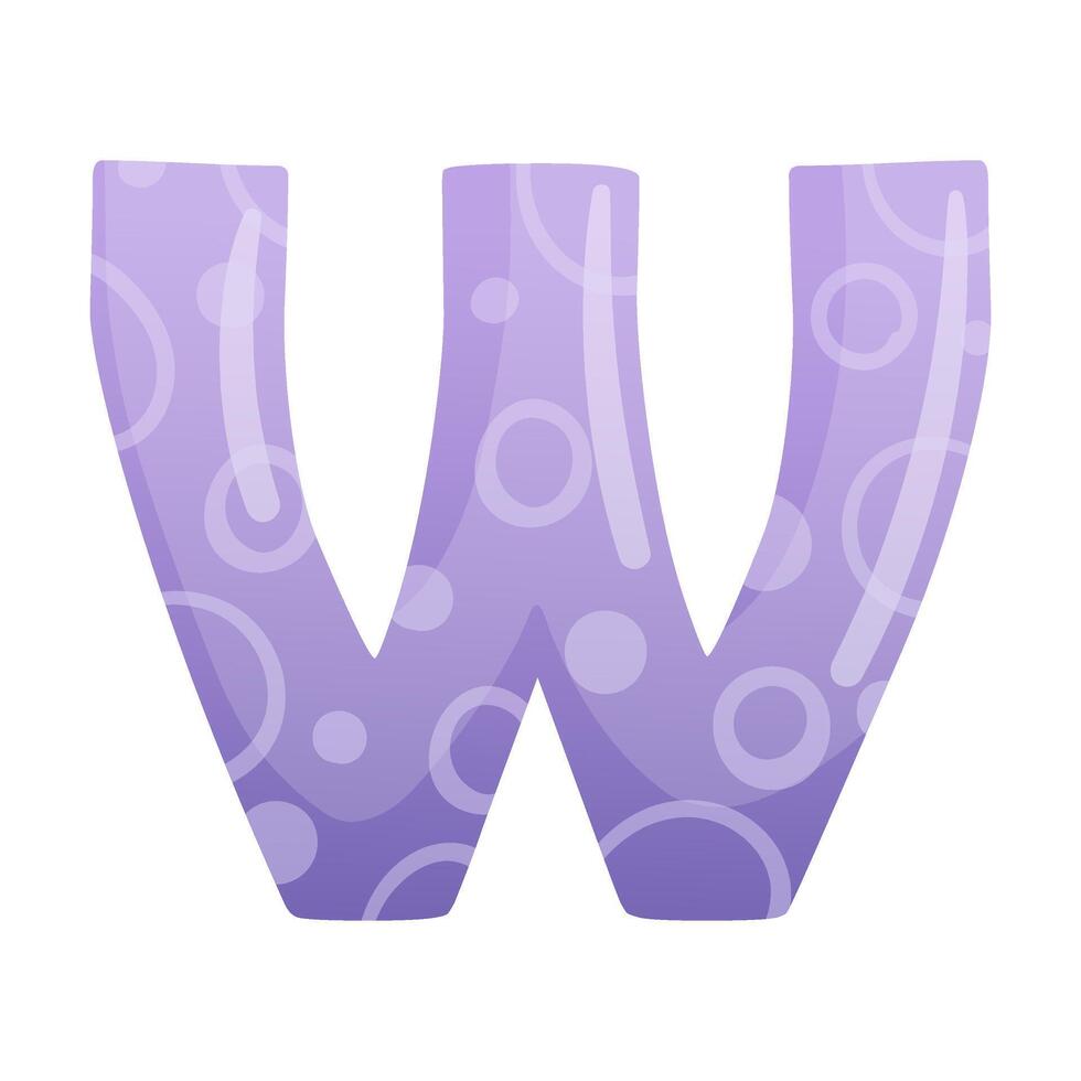 W purple glossy letter. Cute childish alphabet for card, poster, nursery design cartoon illustration vector