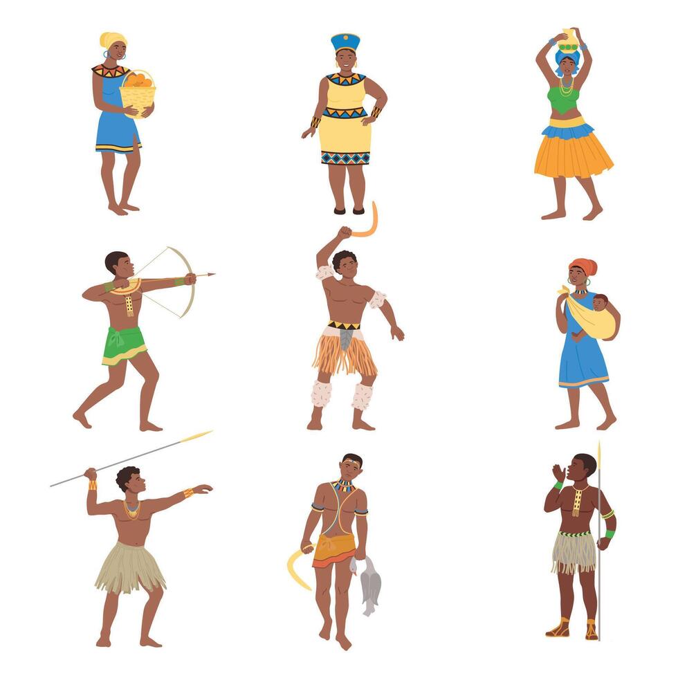 Set of African people in traditional national clothes. Men and women from African tribes illustration vector