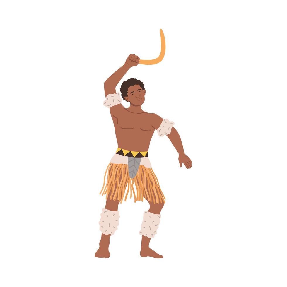 African man in traditional clothes dancing ritual dance with boomerang cartoon illustration vector