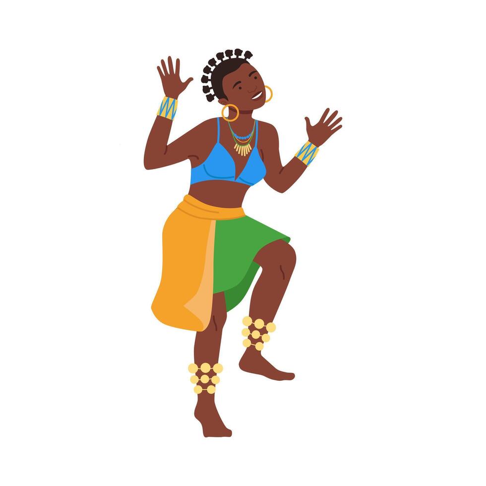 Young African woman in traditional national clothes dancing tribal dance cartoon illustration vector