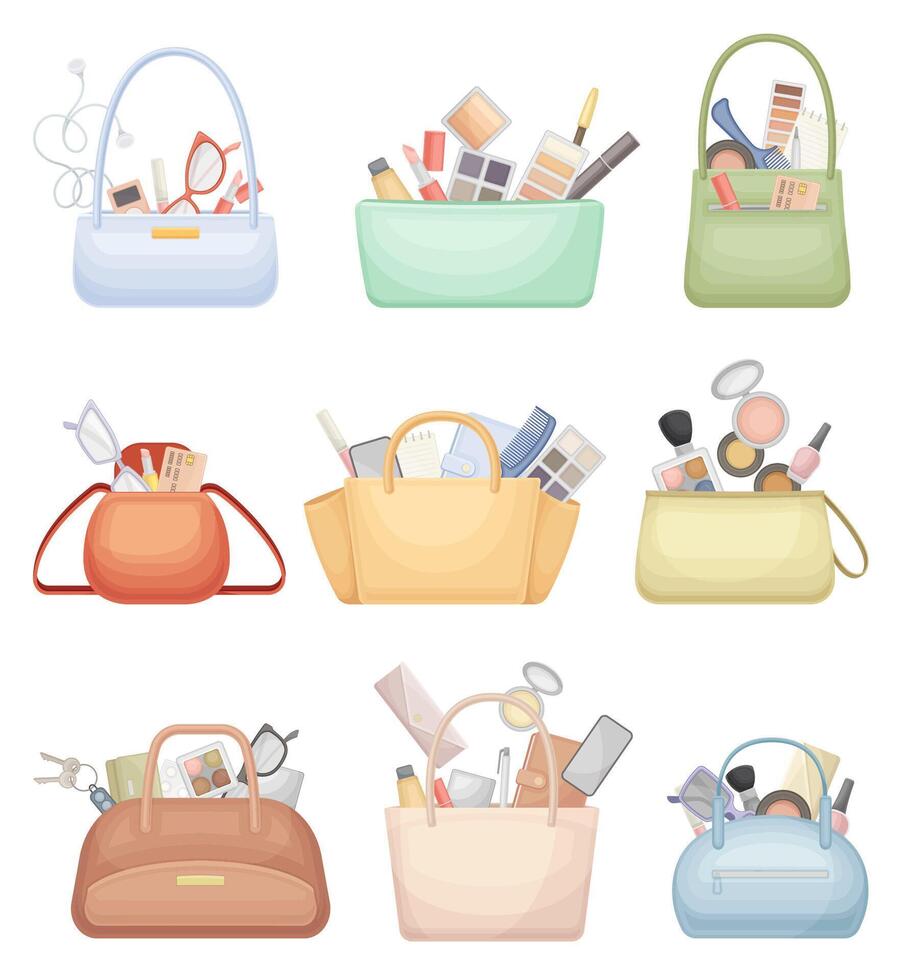 Leather handbags and cosmetic bags full of typical things and accessories set illustration vector
