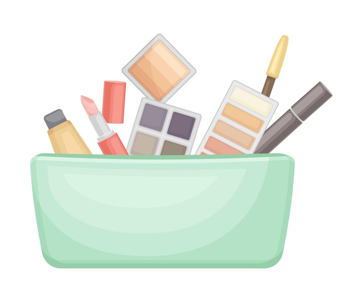 Female skin care cosmetic products in cosmetic bag. Turquoise bag full of typical woman things and accessories as eyeshadow, lipstick, blush, cream illustration vector