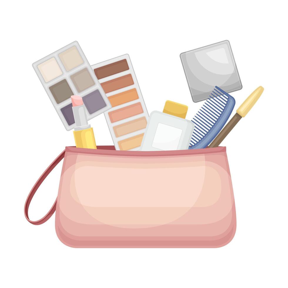 Cosmetic bag full of typical woman things and accessories as eyeshadow, blush, lipstick, cream, comb, pencil, mirror illustration vector