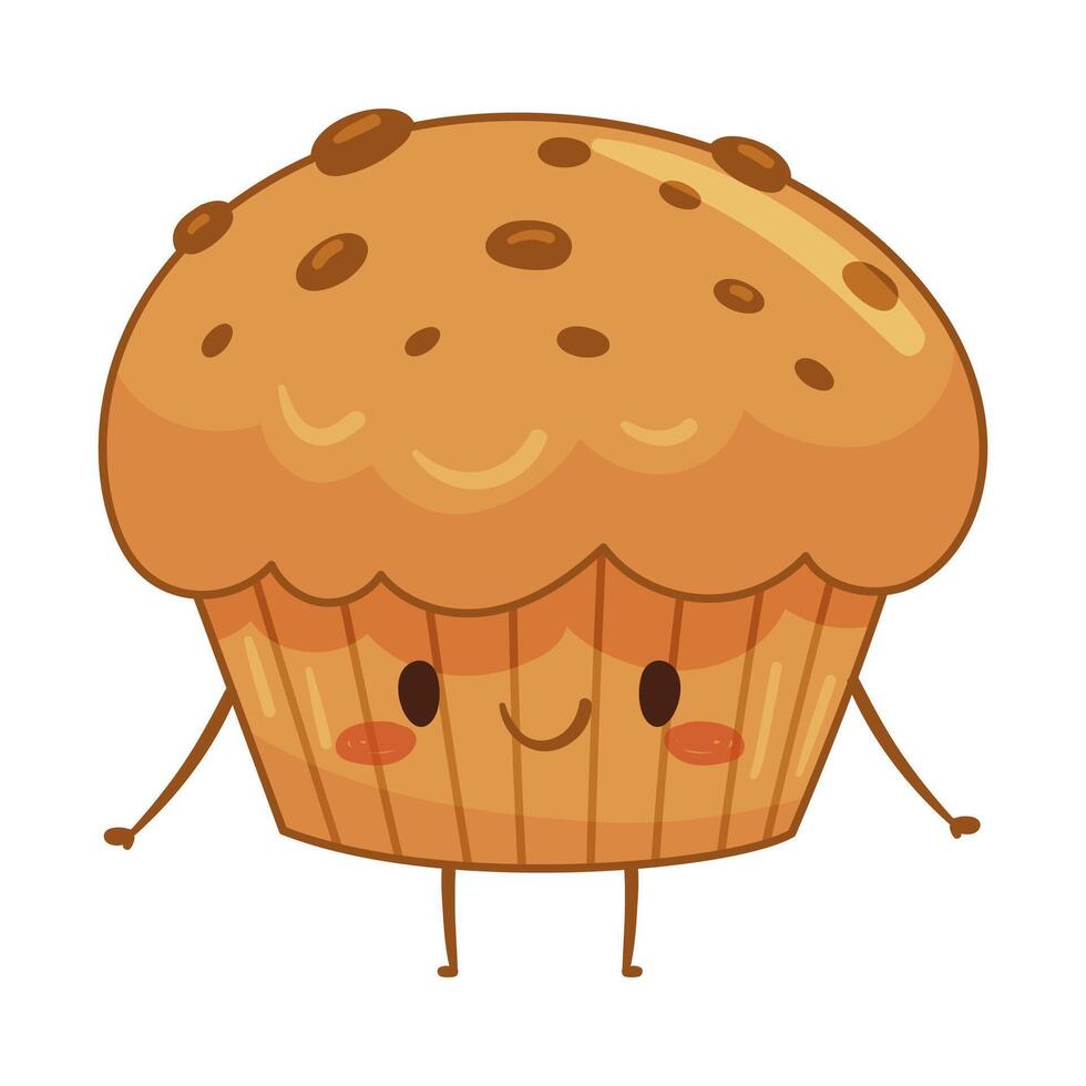 Bakery food cartoon character. Cute muffin with funny smiling face illustration vector