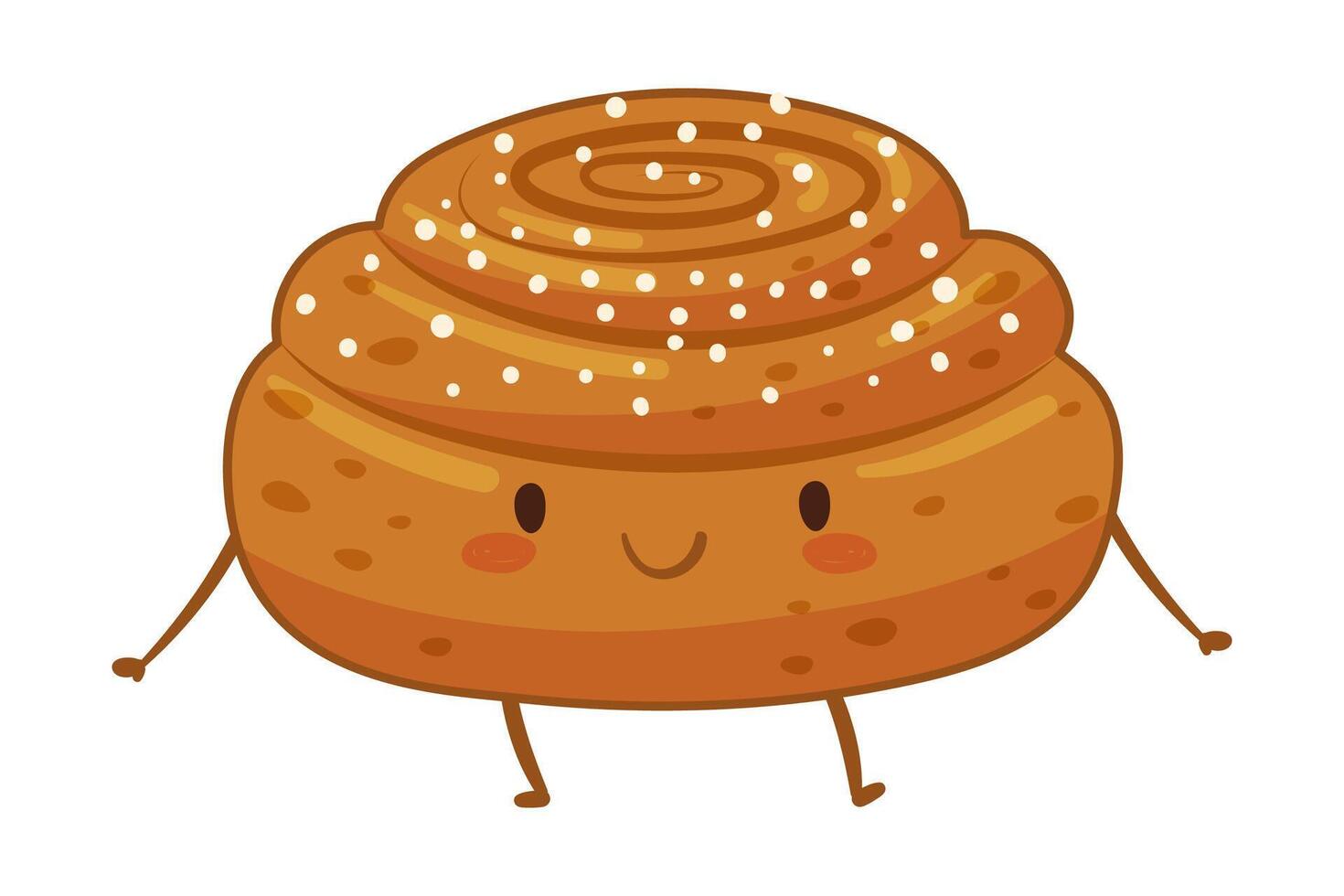 Bakery food cartoon character. Cute bun with sesame seeds funny smiling face illustration vector
