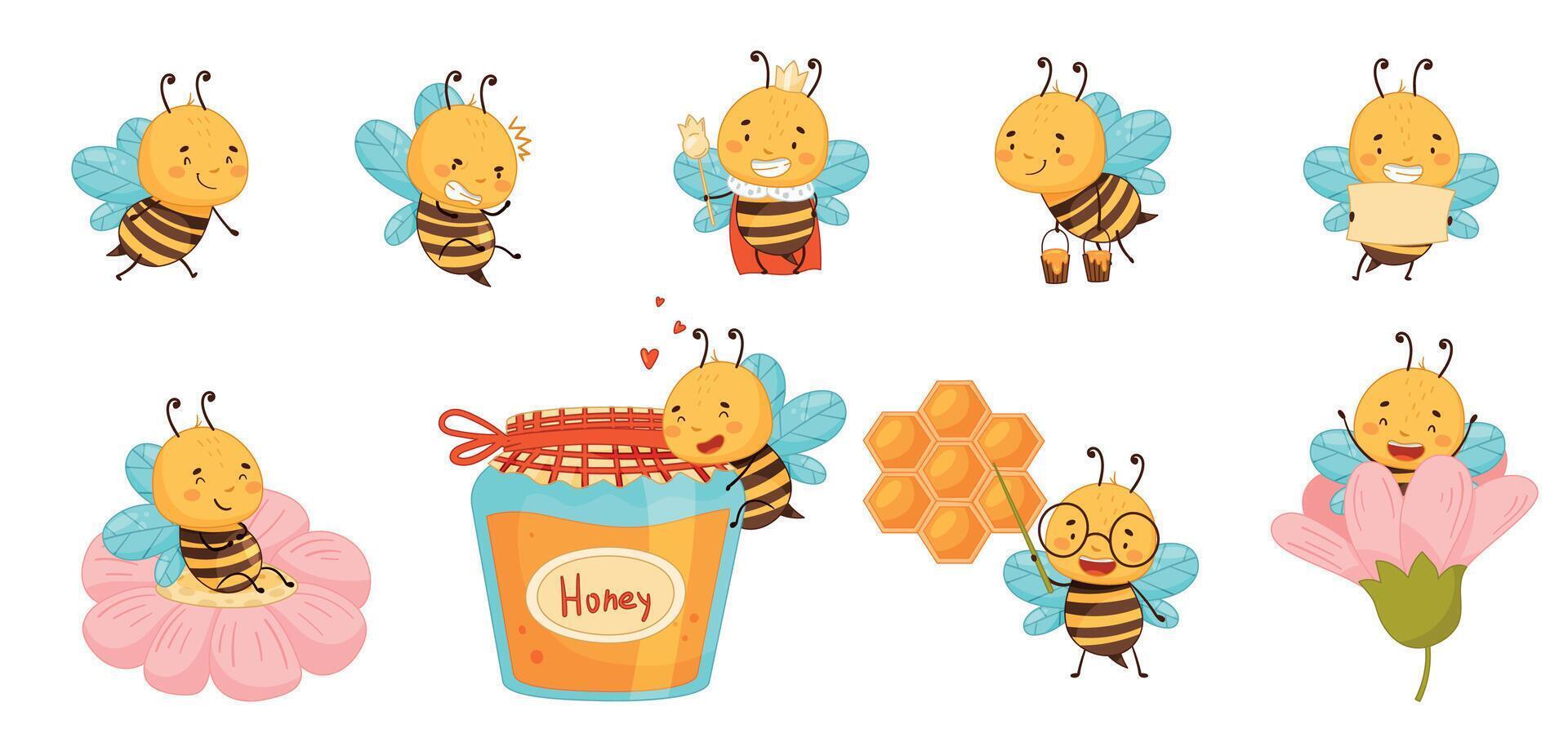 Cute funny honey bees set. Beekeeping and apiculture cartoon illustration vector