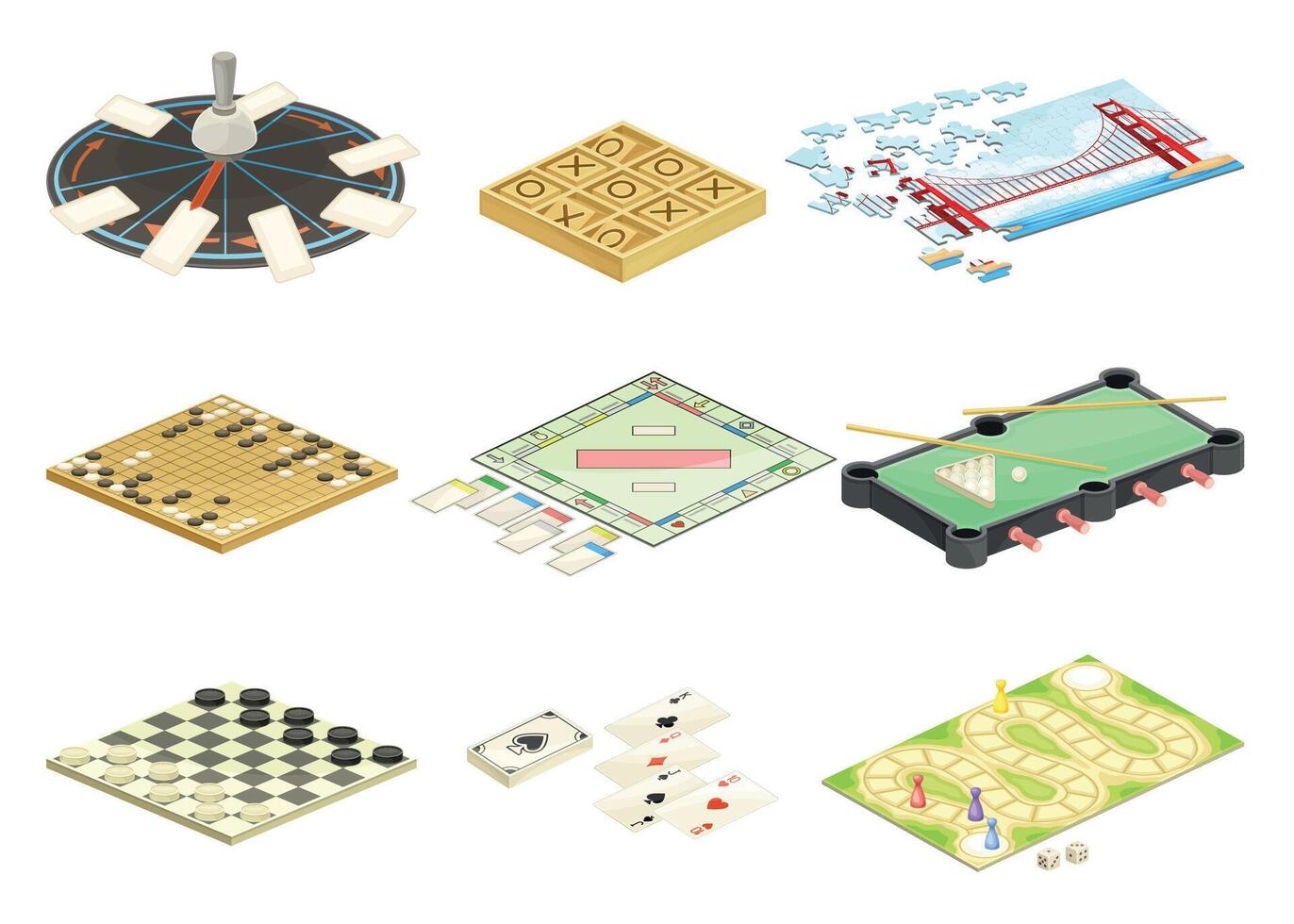 Board games set. Checkers, roulette, scrabble, go, billiard, puzzle games flat illustration vector