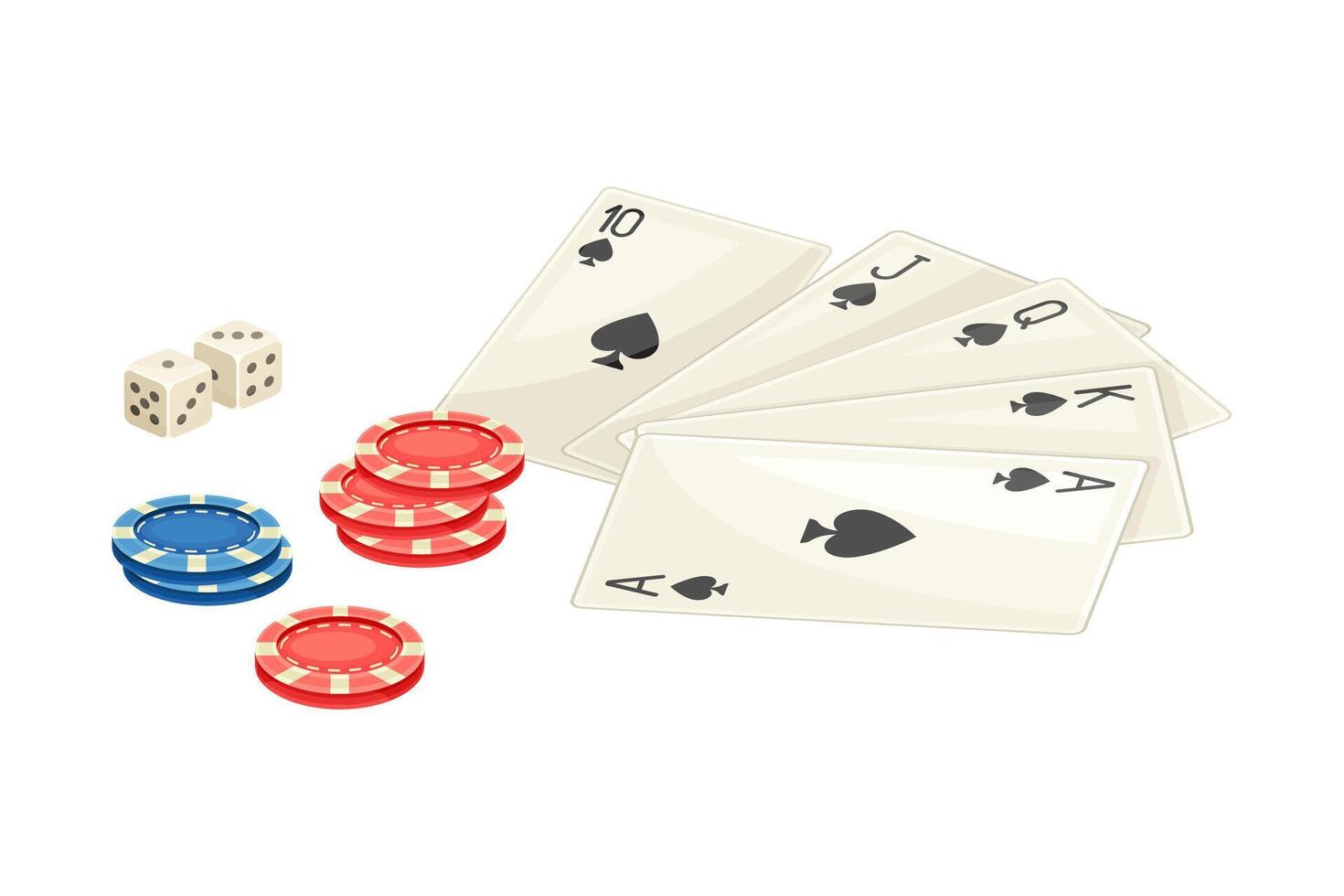 Playing cards with poker chips and dices flat illustration on white background vector