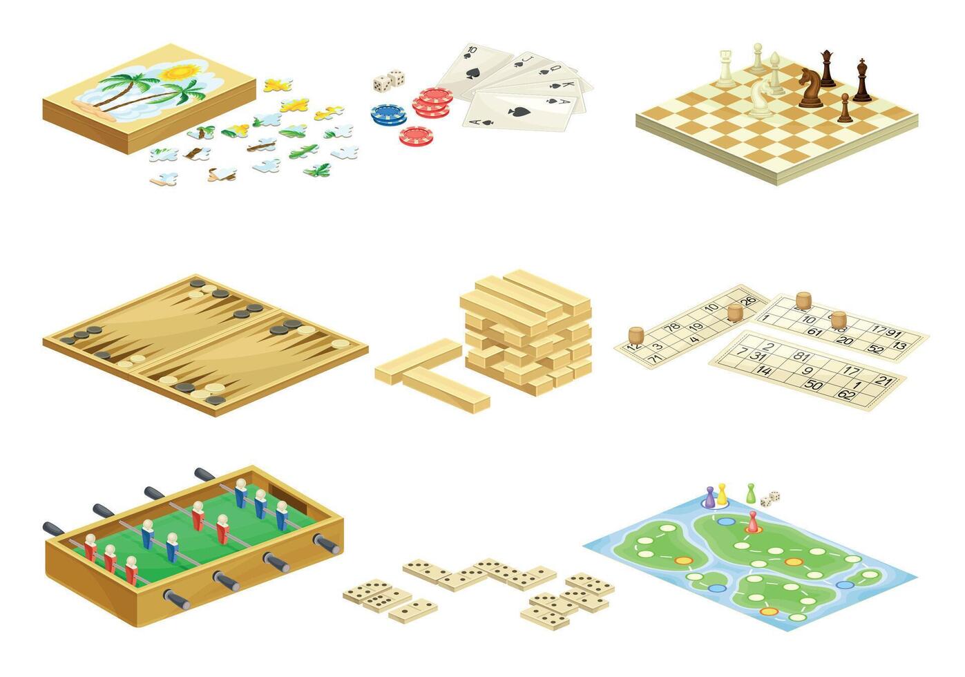Board games set. Jenga, lotto, domino, football, chess, backgammon games flat illustration vector