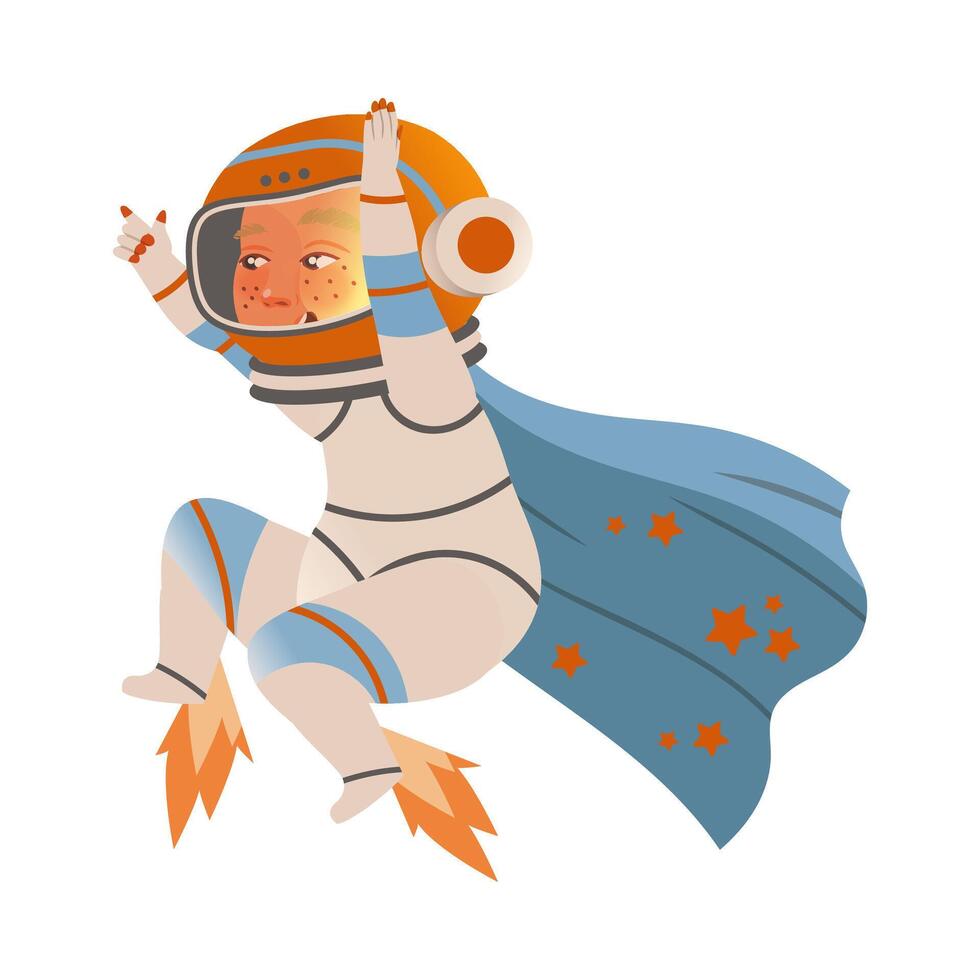 Cute boy astronaut in space suit flying on jetpack. Design element can be used for children print, books, stickers, posters illustration vector