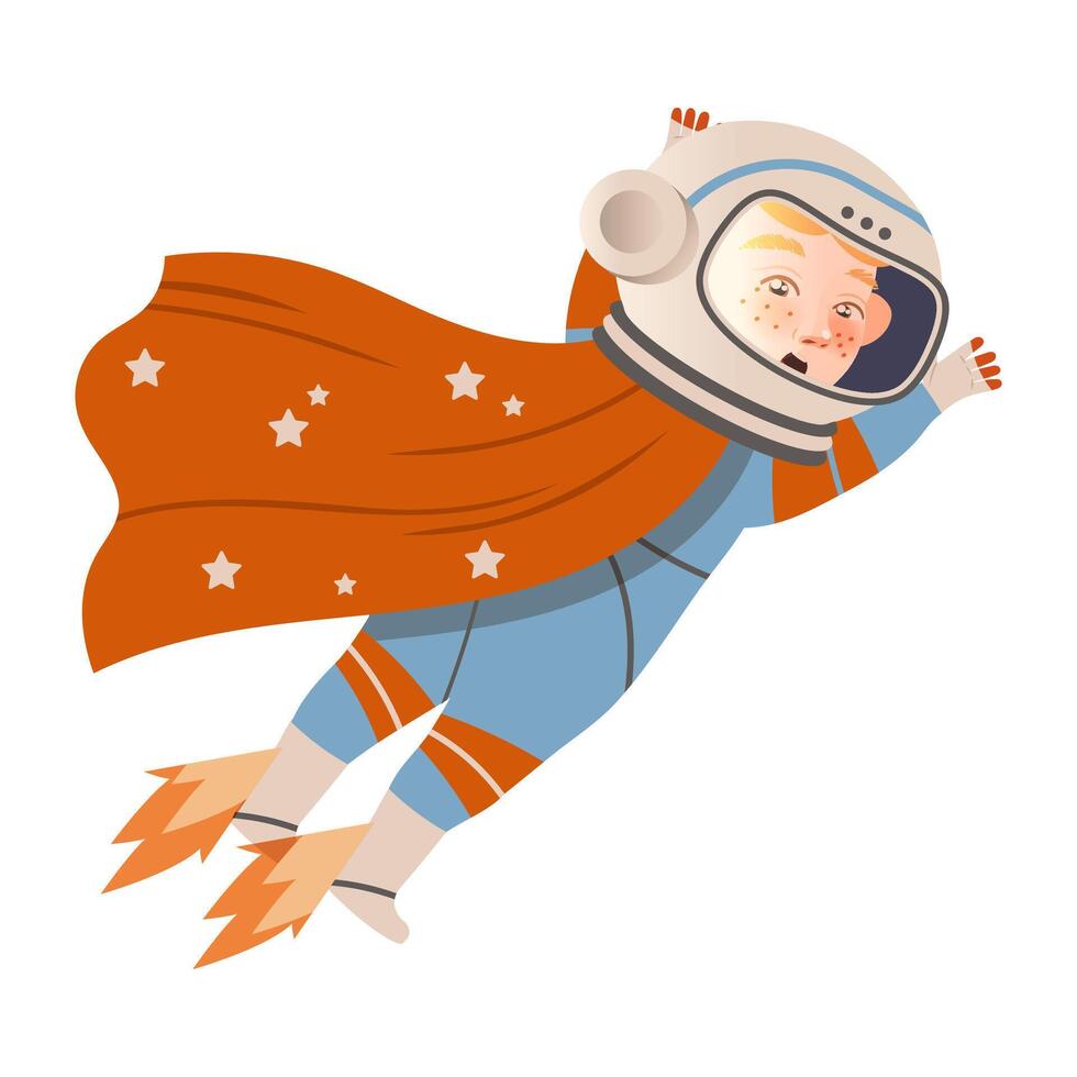 Boy astronaut in space suit flying in space. Design element can be used for children print, books, stickers, posters illustration vector