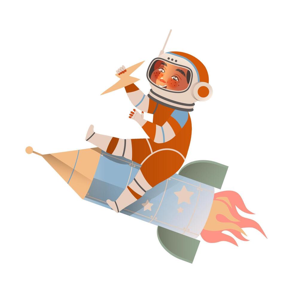 Cute boy astronaut in space suit flying on rocket. Design element can be used for children print, books, stickers, posters illustration vector