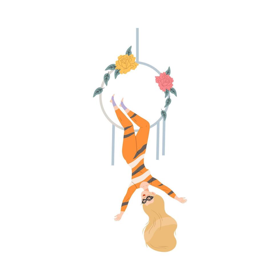 Circus artist performing at show, carnival party. Acrobatic woman making trick upside down on hanging aerial hoop cartoon illustration vector