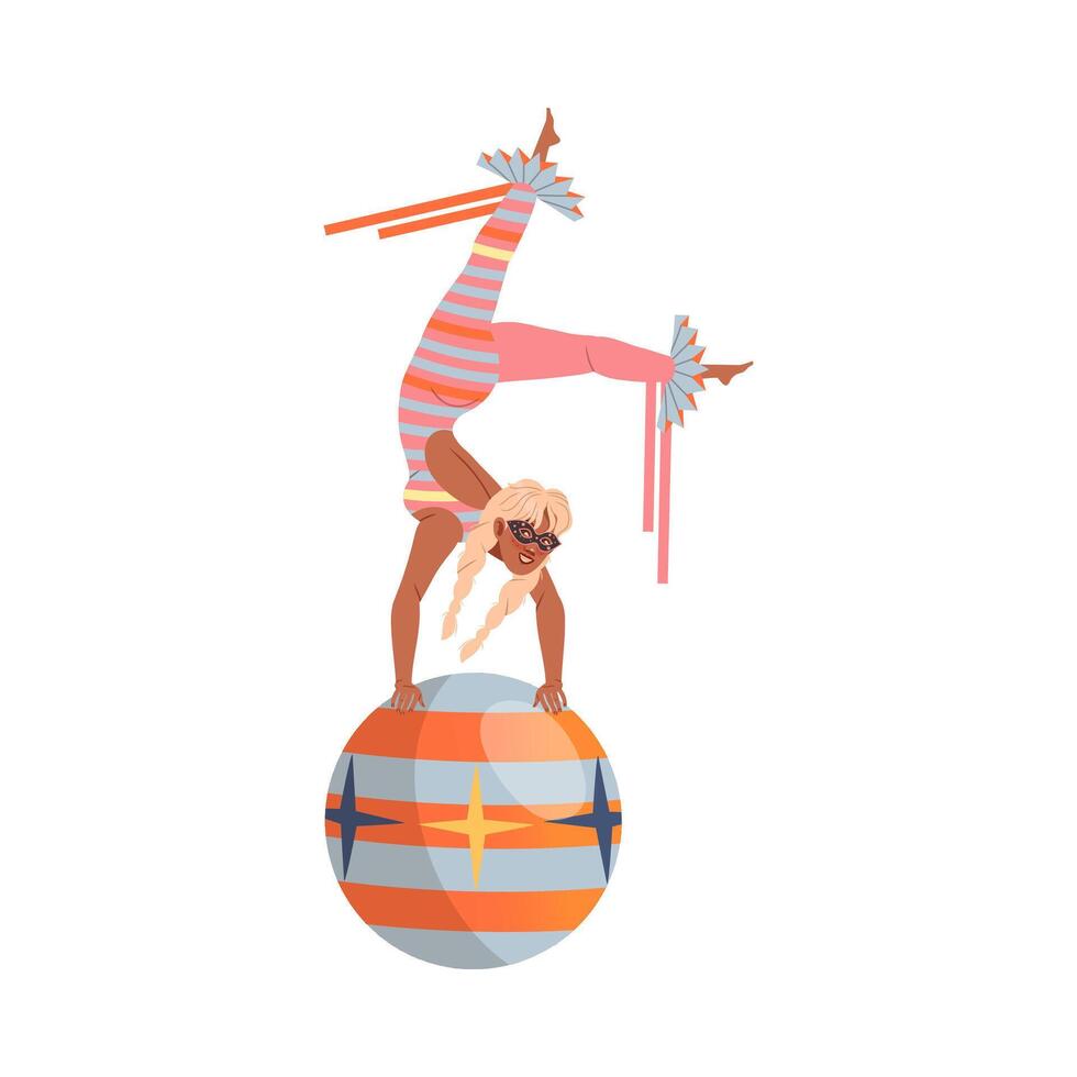 Circus artist performing at show. Acrobatic woman balancing on ball cartoon illustration vector