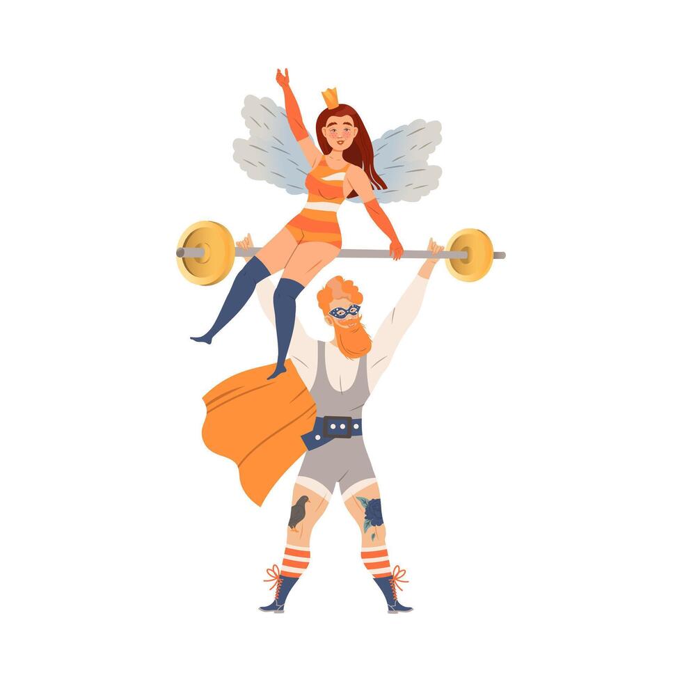 Circus artist performing at show, carnival party. Strongman lifting dumbbell with girl sitting on it cartoon illustration vector