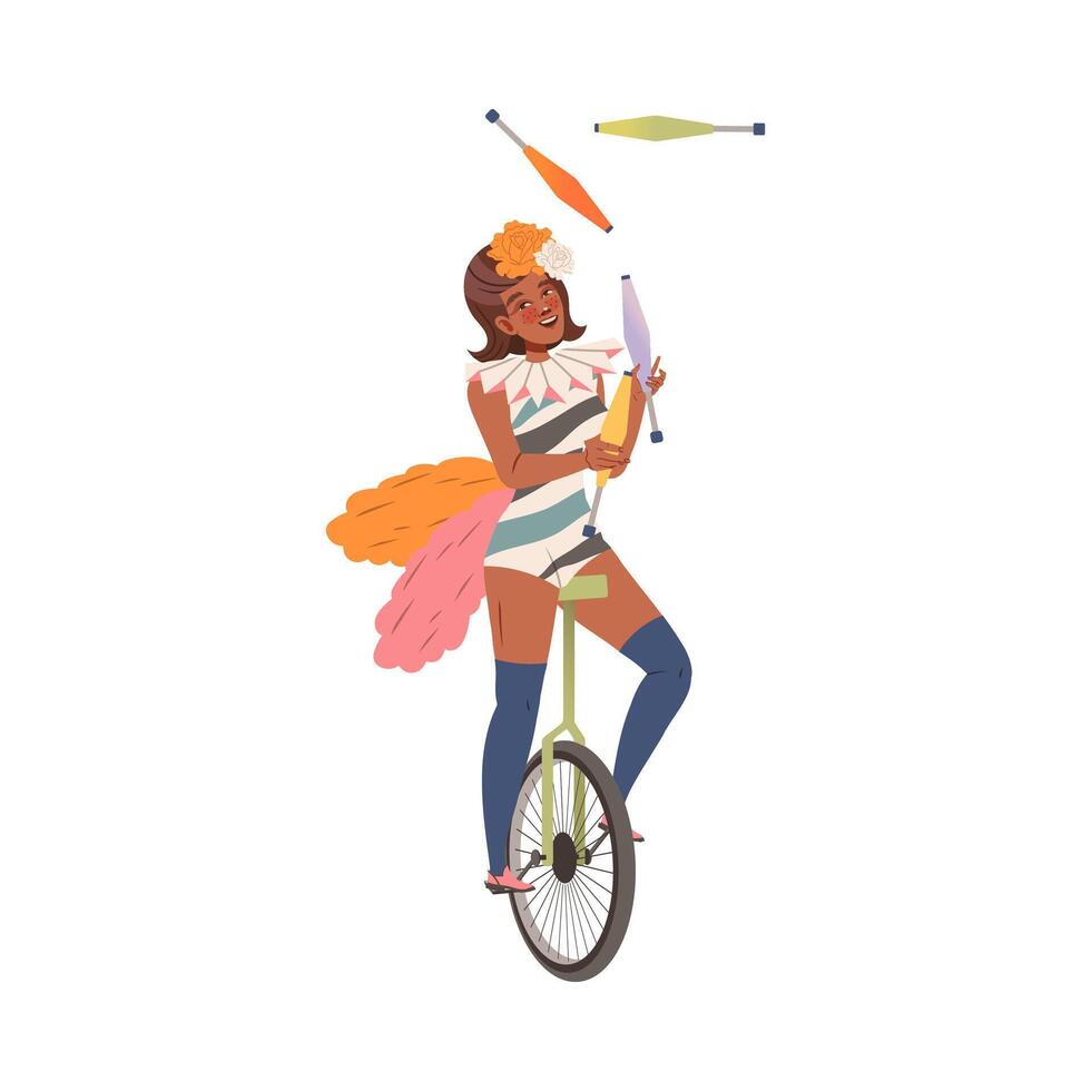 Circus artist performing at show, carnival party. Circus female juggler riding unicycle cartoon illustration vector