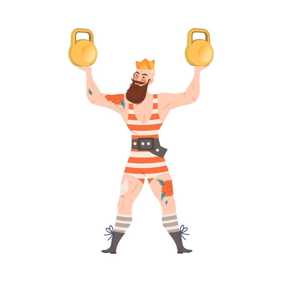 Circus artist performing at show, carnival party. Strongman lifting kettlebells cartoon illustration vector