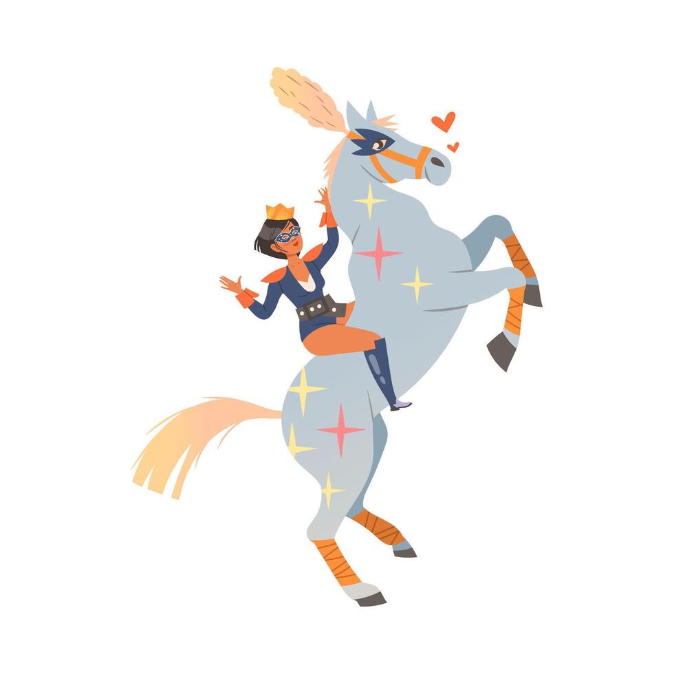 Circus artist performing at show. Girl doing tricks on running horse cartoon illustration vector