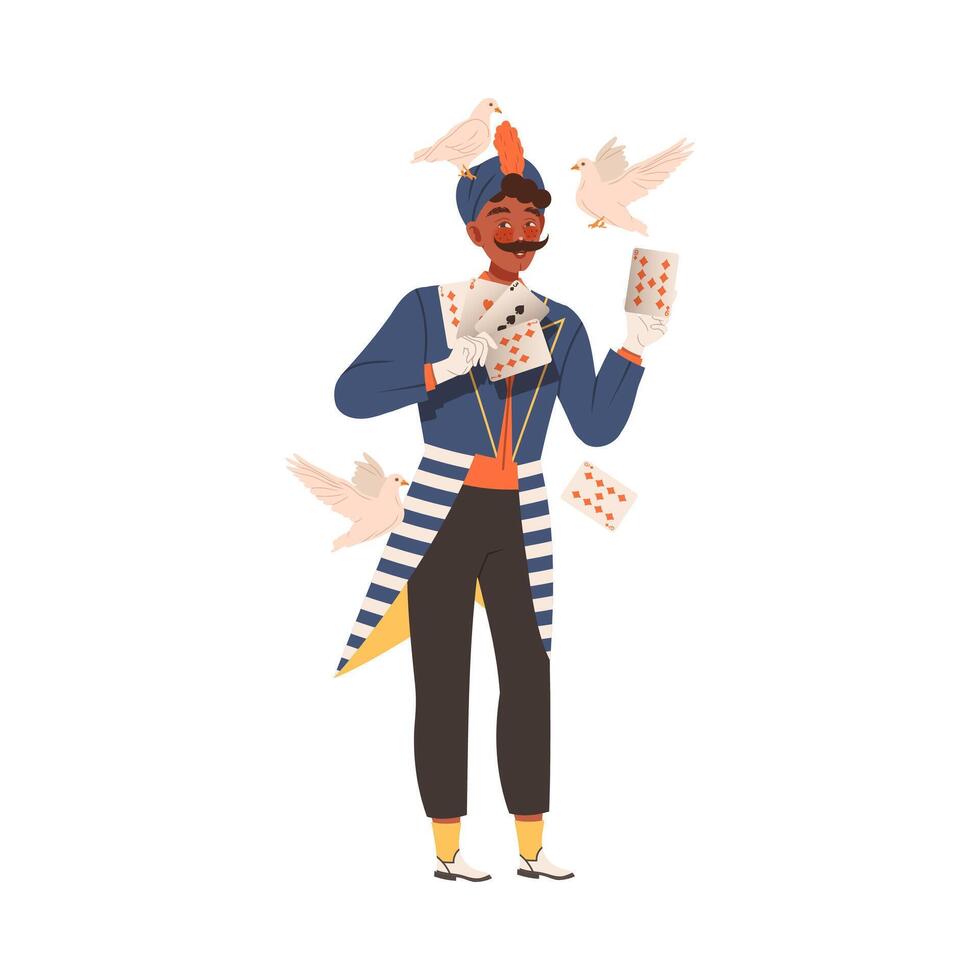 Magician performing with pigeons and playing cards at circus show cartoon illustration vector
