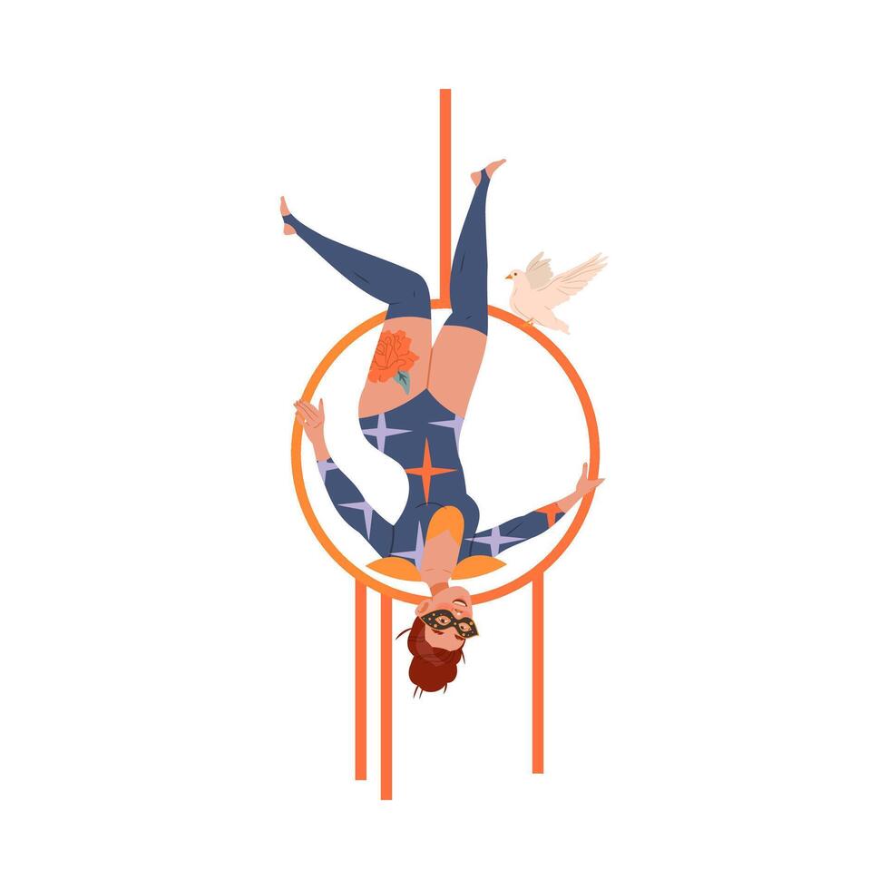 Circus artist performing at show, carnival party. Girl aerialist performing on aerial hoop cartoon illustration vector