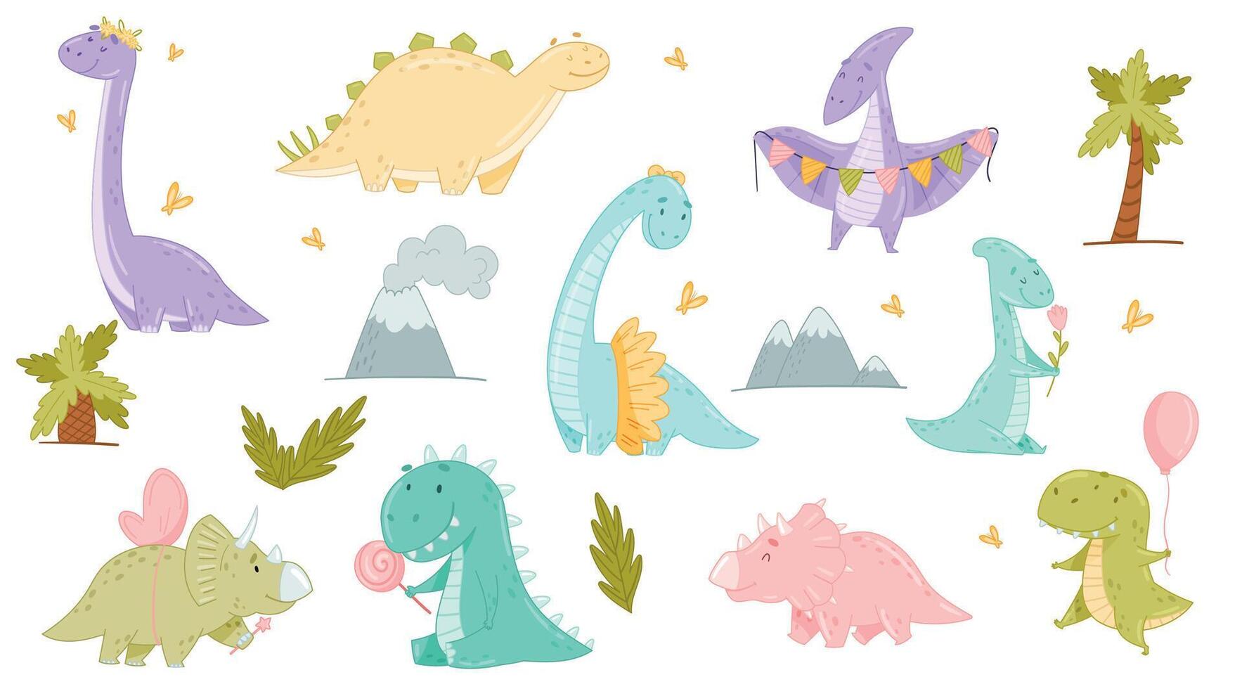 Cute adorable dinosaurs set. Lovely dino for nursery, t-shirt, book, print, poster design cartoon illustration vector
