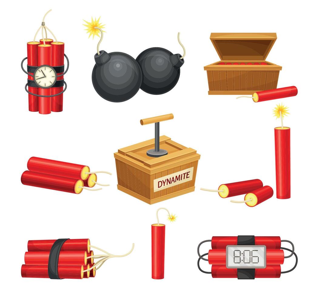 Dynamite set. Red sticks, detonator box and bomb with bickford fuse illustration vector