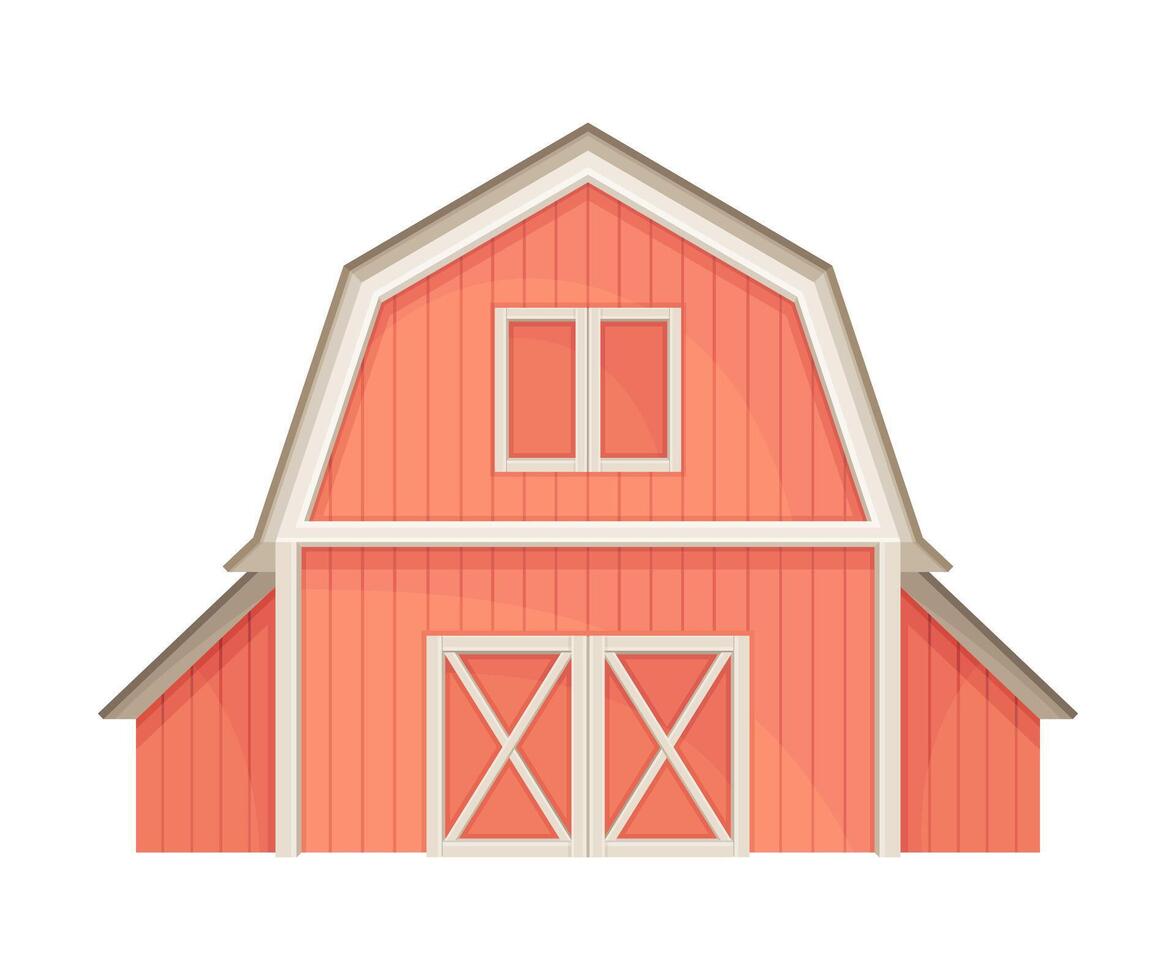 Red barn farmhouse agricultural building, front view flat illustration vector