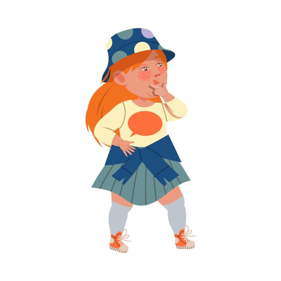 Adorable redhead little girl wearing stylish clothes. Cute kid in fashionable outfit cartoon illustration vector