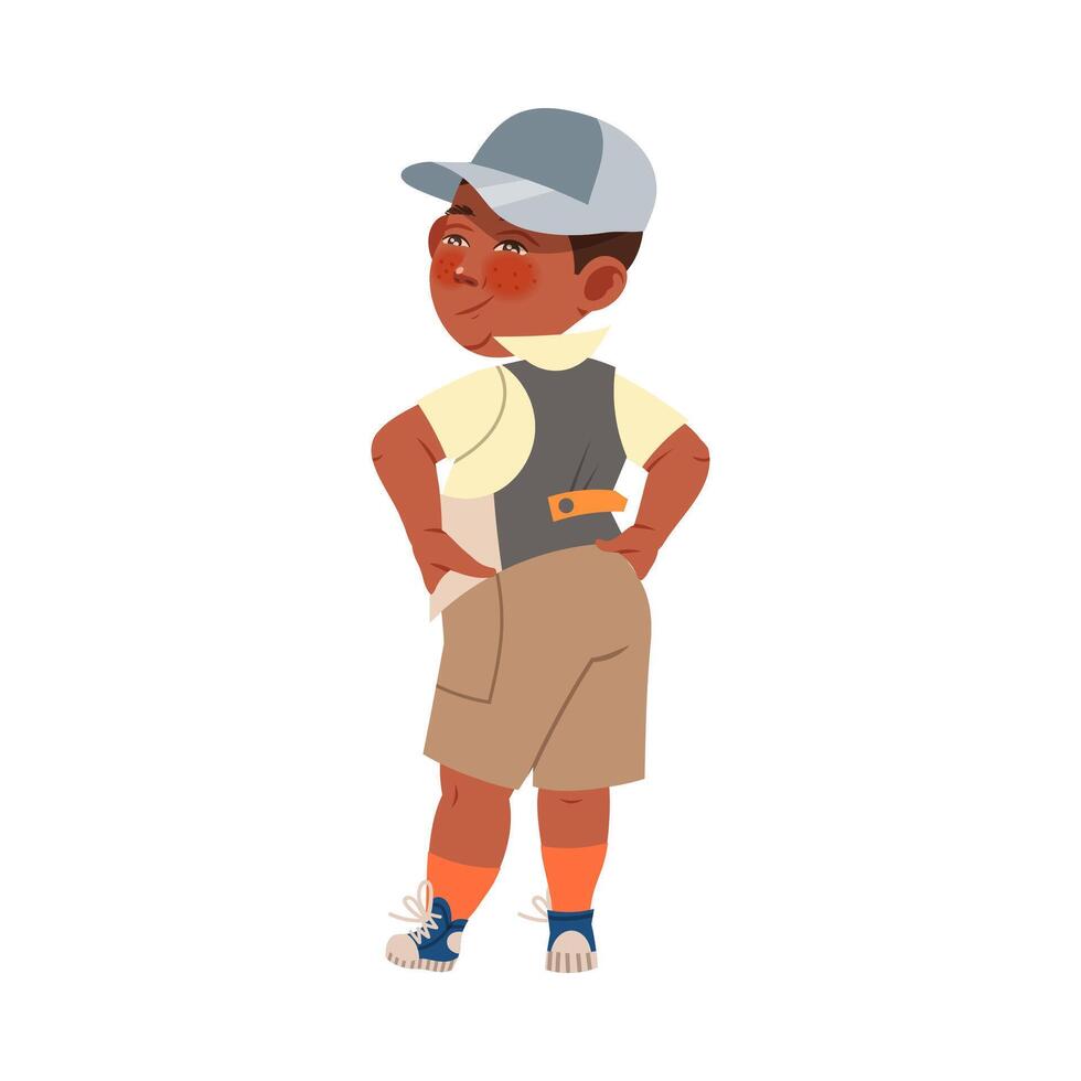 View from behind of little boy wearing stylish clothes. Cute kid in fashionable outfit cartoon illustration vector