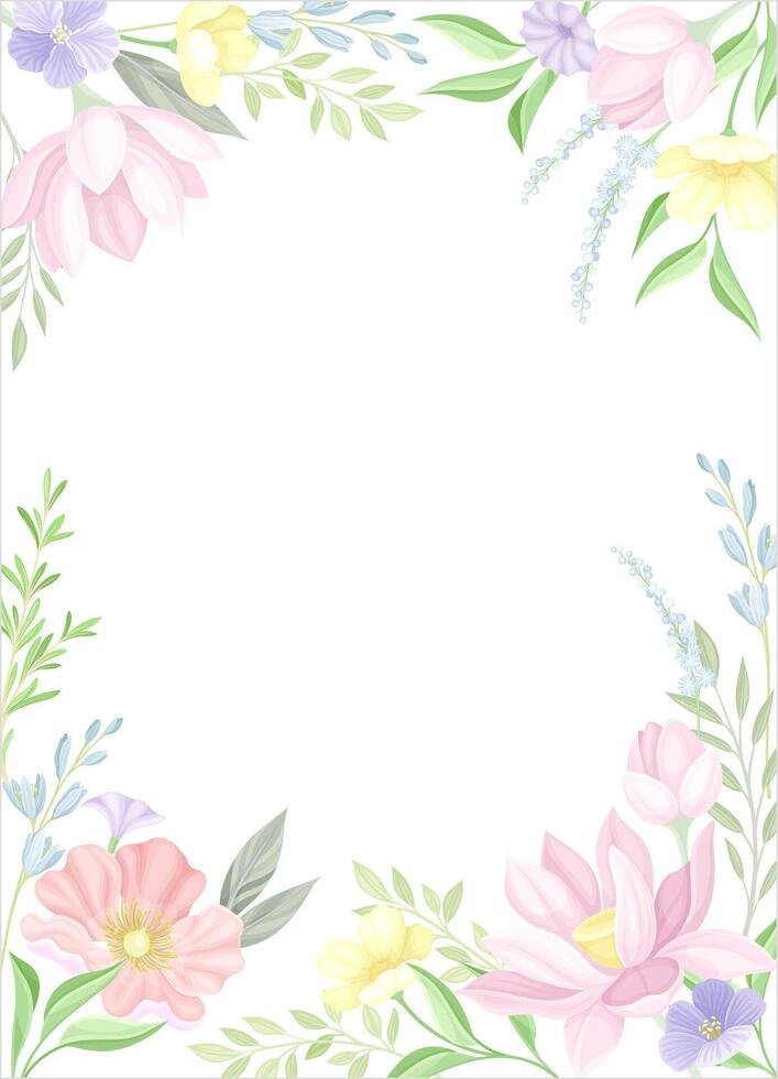 Card template with floral frame. Wedding invitation, postcard, poster, flyer with flowers in pastel colors illustration vector
