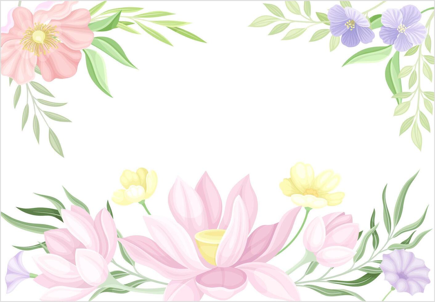 Card template with floral frame and space for text. Wedding invitation, postcard, poster, flyer with flowers in pastel colors illustration vector