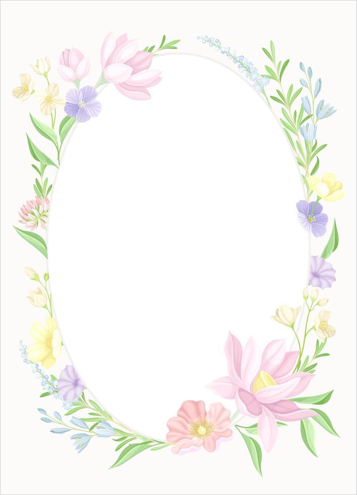 Card template with oval shape floral frame. Wedding invitation, postcard, poster, flyer with flowers in pastel colors illustration vector