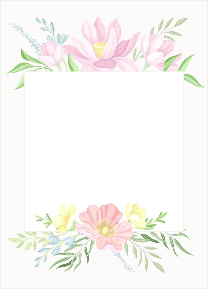 Card with floral frame and space for text. Wedding invitation, postcard, poster, flyer with flowers in pastel colors illustration vector