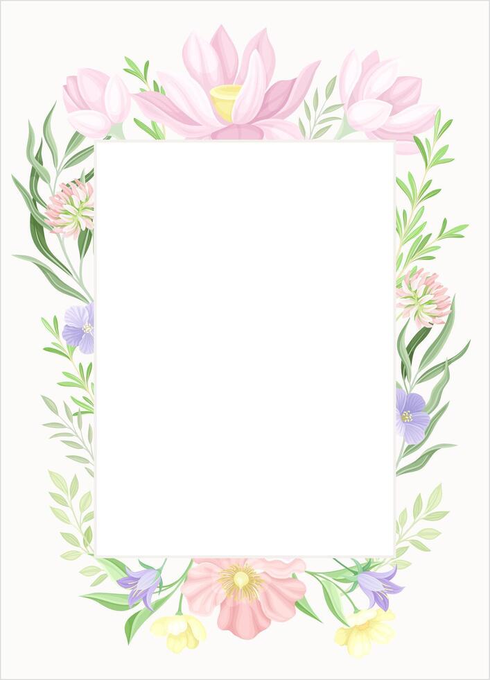 Card template with rectangular floral frame. Wedding invitation, postcard, poster, flyer with flowers in pastel colors illustration vector