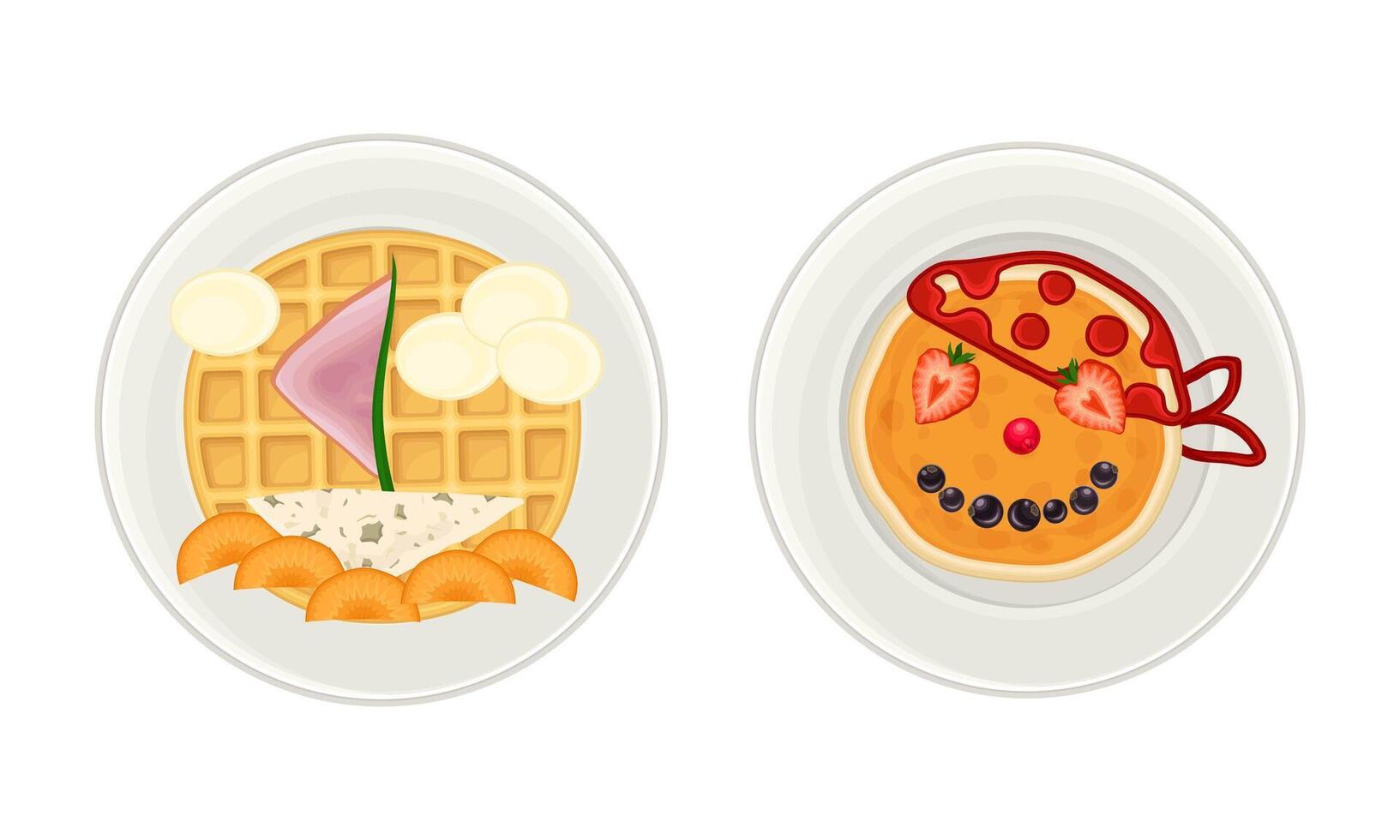 Creative pancakes and waffles served on plates set. Serving Ideas for healthy breakfast for kids cartoon illustration vector