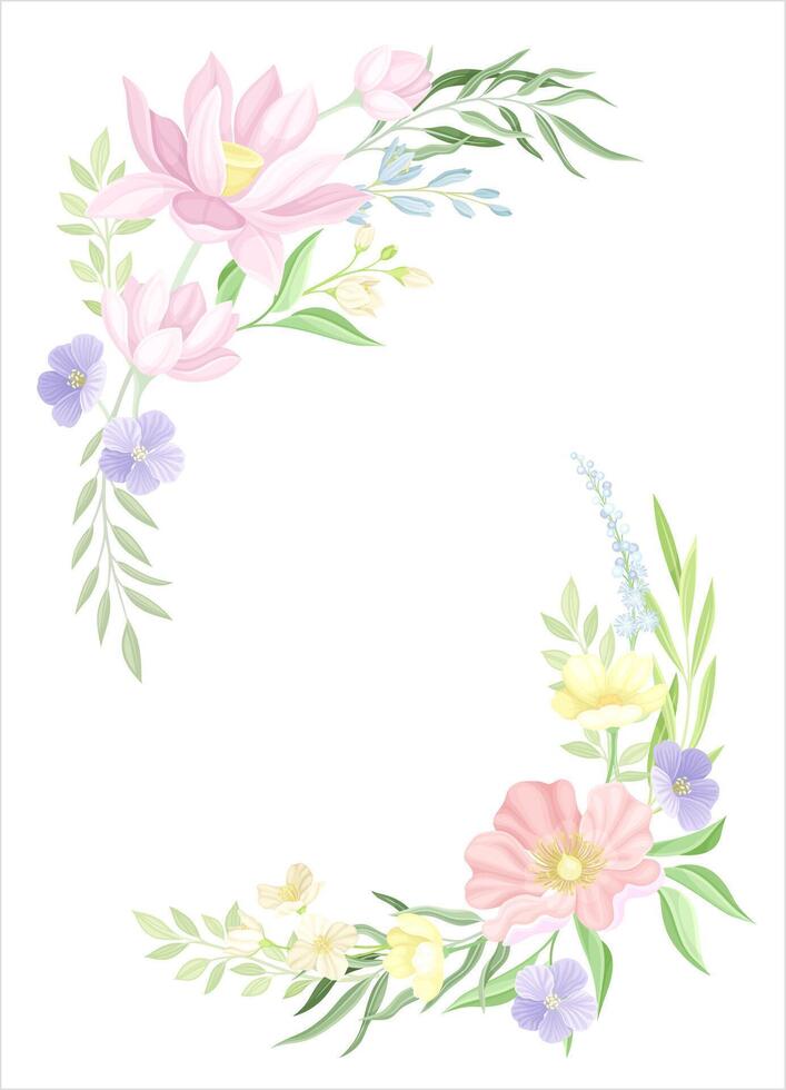 Card with floral frame in pastel colors with space for text. Wedding invitation, save the date, thank you, rsvp template design illustration vector