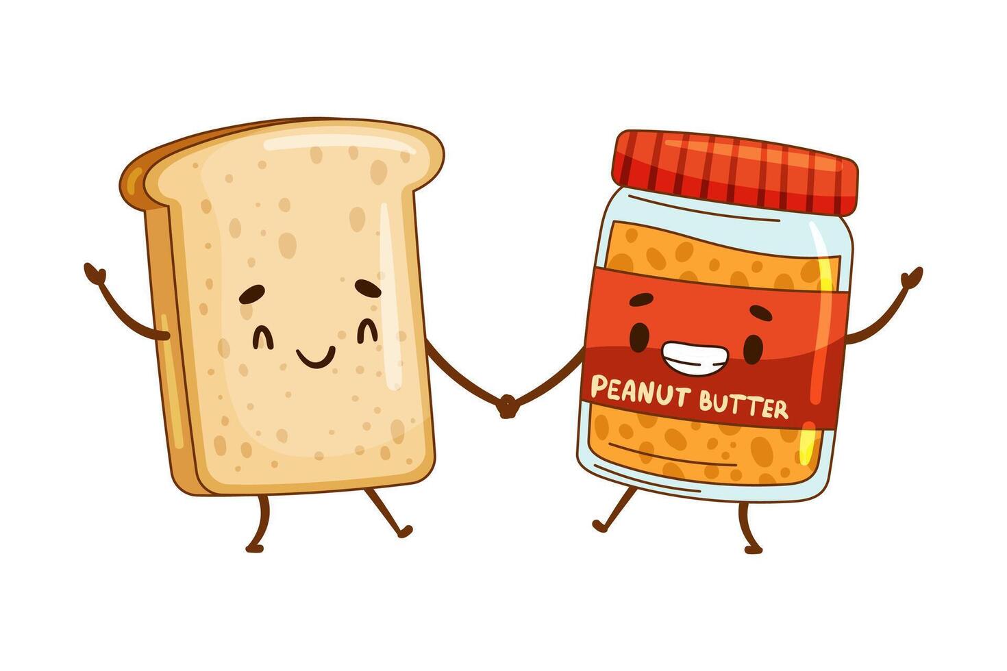 Sandwich and peanut butter characters holding by hands. Perfect couple, friends forever cartoon illustration vector