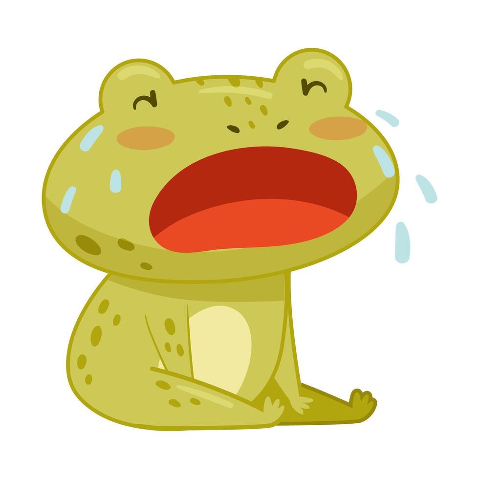 Cute sad frog sitting and crying. Green funny amphibian toad character cartoon illustration vector