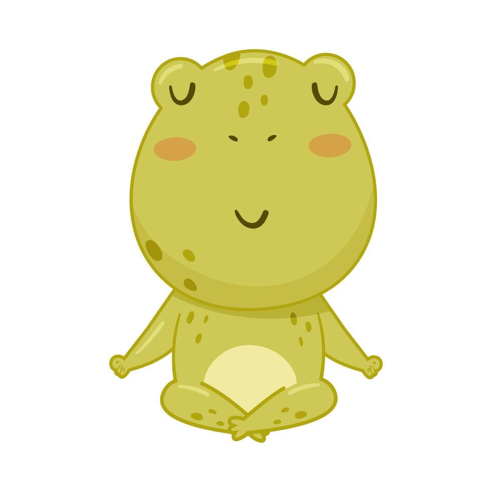 Cute frog meditating in lotus pose. Green funny amphibian toad character cartoon illustration vector