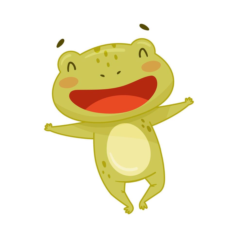 Cute smiling frog happily jumping. Green funny amphibian toad character cartoon illustration vector