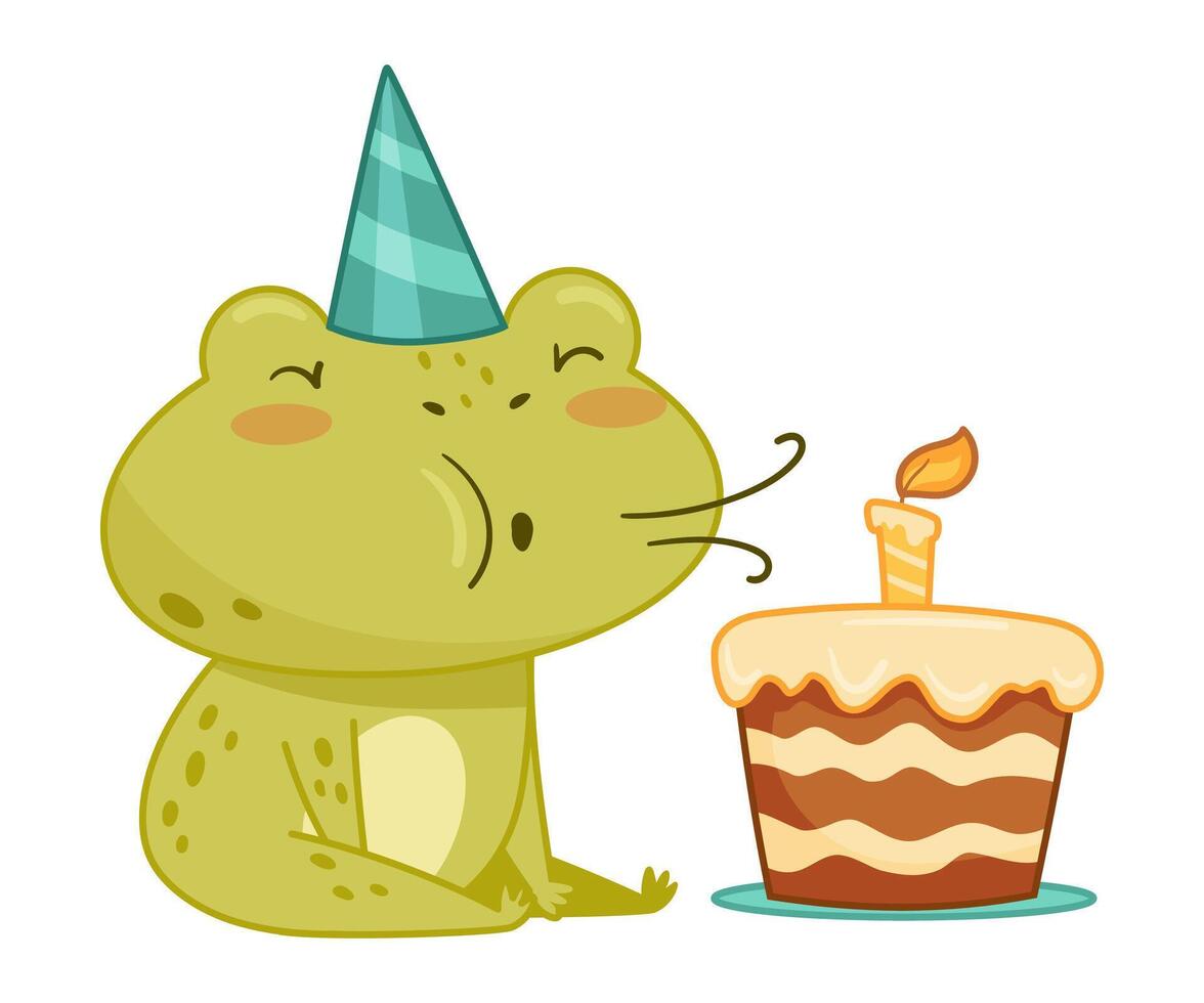 Cute frog in party hat blowing candle on birthday cake. Green funny amphibian toad character cartoon illustration vector