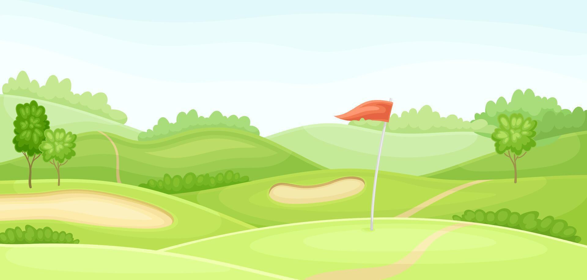 Countryside golf course with hole, sand bunker and red flag. Play tournament, competition invitation card, poster, banner, template illustration vector