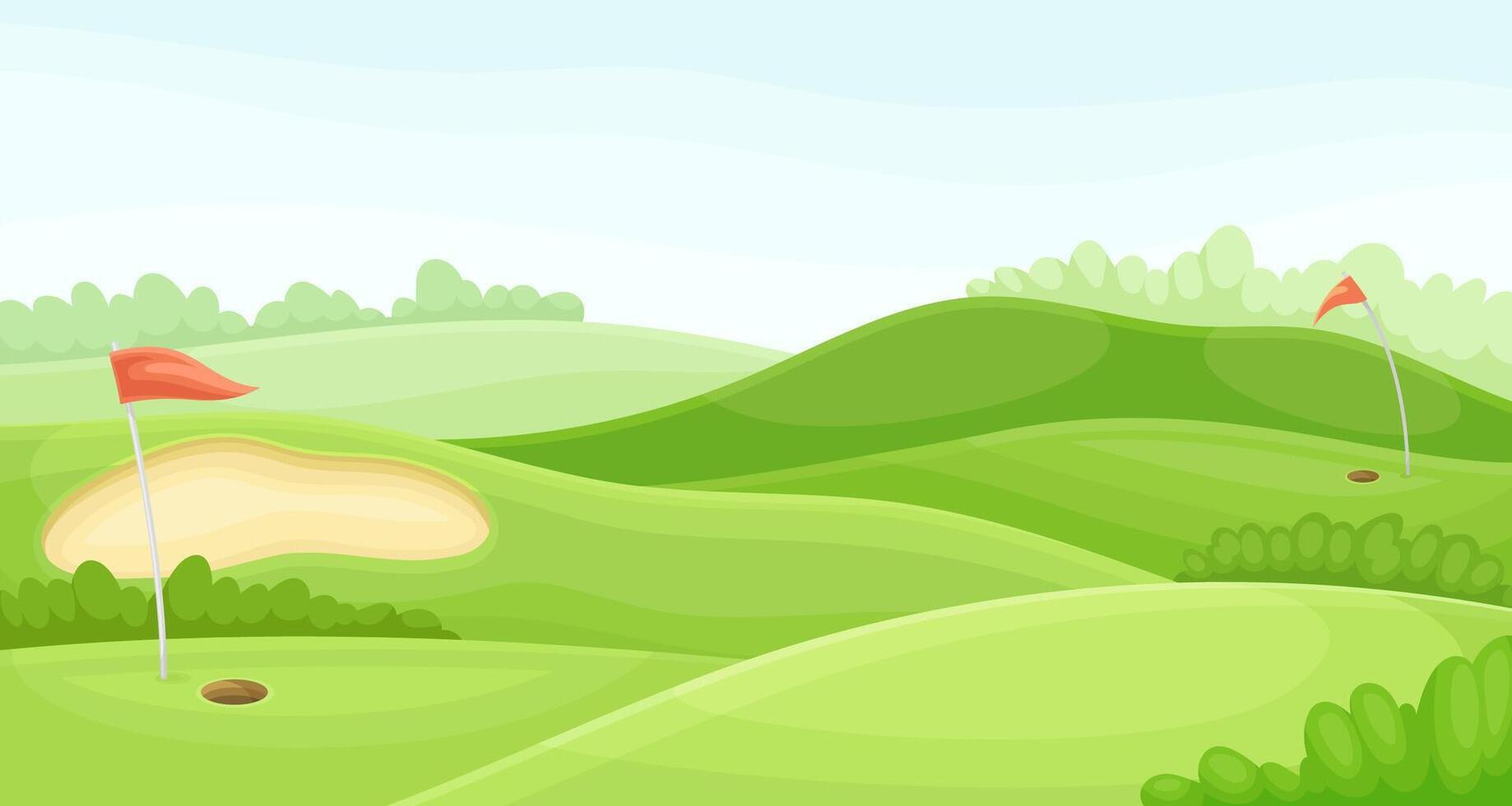 Countryside golf course with holes and red flags. Play tournament, competition invitation card, poster, banner, template illustration vector